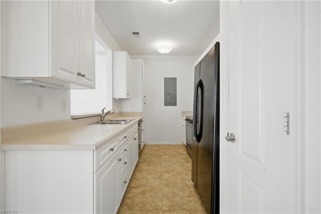 5312 Charmont Ct, Virginia Beach, VA 23455 - kitchen featuring a sink, black appliances, electric panel, white cabinets, and light countertops