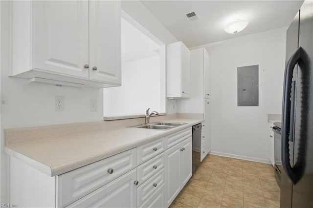 5312 Charmont Ct, Virginia Beach, VA 23455 - kitchen featuring electric panel, a sink, white cabinetry, light countertops, and stainless steel dishwasher