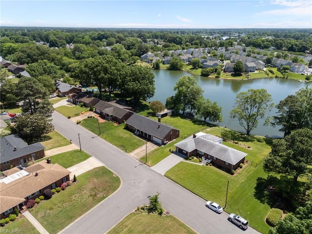 aerial perspective of suburban area with a nearby body of water