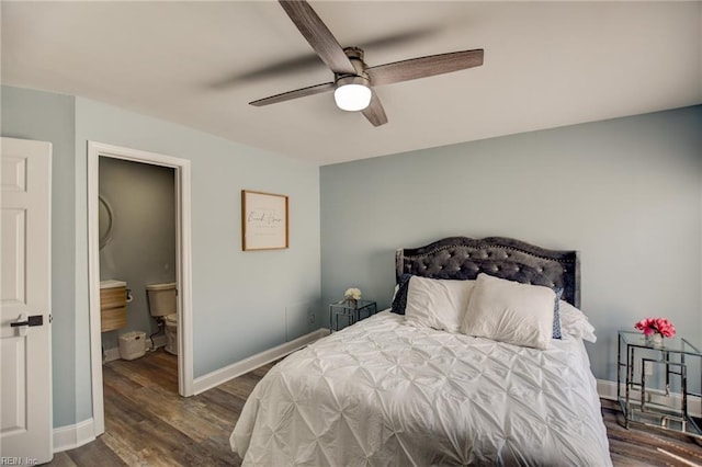 bedroom featuring wood finished floors, baseboards, and ceiling fan
