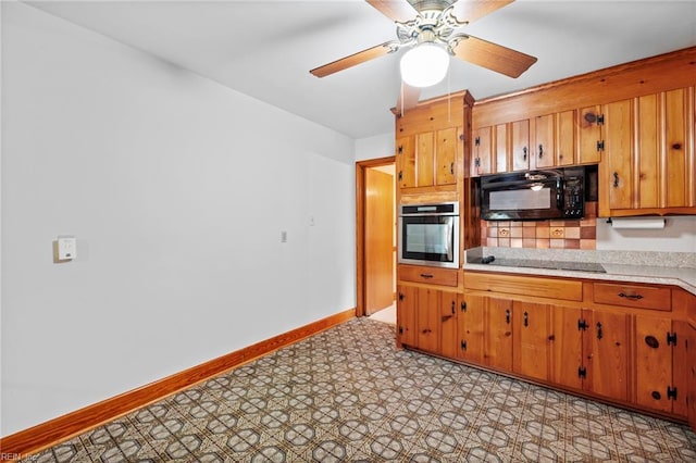 2916 Taylor Rd, Chesapeake, VA 23321 - kitchen with black appliances, light countertops, brown cabinets, light flooring, and a ceiling fan