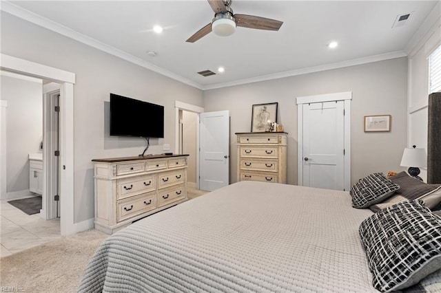 2349 Treesong Trl, Virginia Beach, VA 23456 - bedroom featuring light marble finish floors, baseboards, crown molding, recessed lighting, and connected bathroom