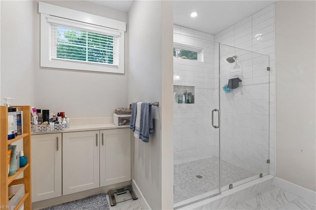2349 Treesong Trl, Virginia Beach, VA 23456 - bathroom featuring healthy amount of natural light, baseboards, a shower stall, and marble finish floors