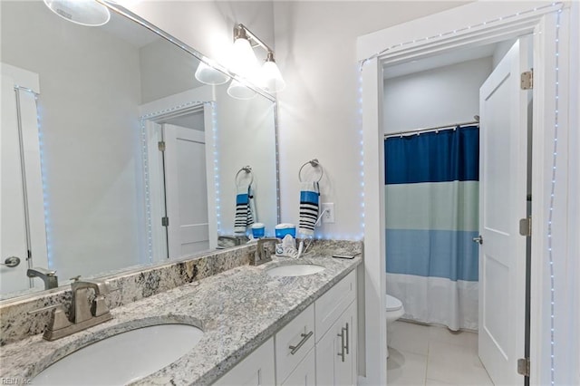 2349 Treesong Trl, Virginia Beach, VA 23456 - full bath featuring toilet, double vanity, a shower with shower curtain, and tile patterned floors