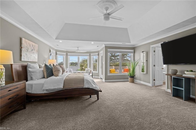 2509 Lone Pine Pt, Virginia Beach, VA 23451 - carpeted bedroom featuring a tray ceiling, ornamental molding, baseboards, recessed lighting, and a ceiling fan