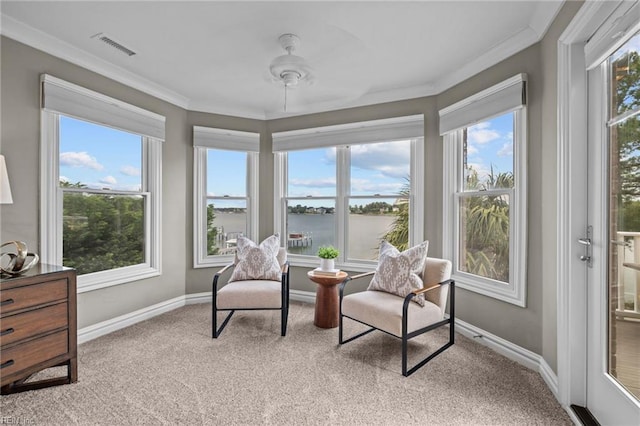 2509 Lone Pine Pt, Virginia Beach, VA 23451 - sunroom with carpet flooring, crown molding, baseboards, and a water view