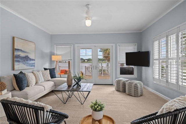 2509 Lone Pine Pt, Virginia Beach, VA 23451 - living area featuring french doors, healthy amount of natural light, ornamental molding, baseboards, and carpet flooring