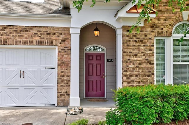 1429 Blairwood Ln Unit 117, Chesapeake, VA 23320 - doorway to property with brick siding, roof with shingles, and an attached garage