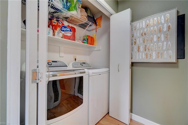 100 Castilian Dr, Virginia Beach, VA 23462 - clothes washing area featuring washer and clothes dryer, wood finished floors, and baseboards
