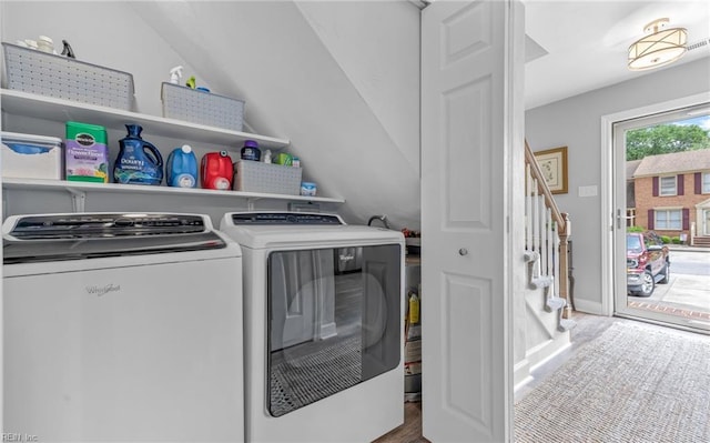 8 Riverview Ct, Suffolk, VA 23434 - laundry room featuring washer and dryer, wood finished floors, and baseboards