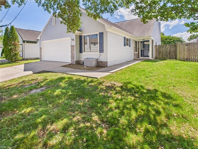 view of front of home with driveway, central air condition unit, a garage, and a shingled roof