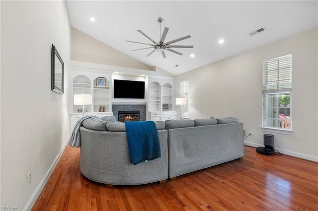 816 Dawson Cir, Chesapeake, VA 23322 - living area with a ceiling fan, baseboards, wood finished floors, a glass covered fireplace, and lofted ceiling