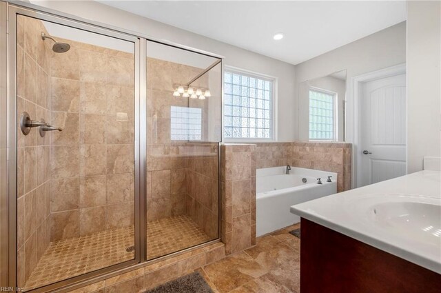 816 Dawson Cir, Chesapeake, VA 23322 - bathroom with a shower stall, a bath, vanity, recessed lighting, and tile patterned flooring