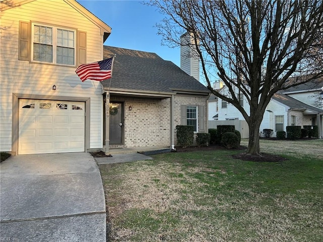5049 Heathglen Cir, Virginia Beach, VA 23456 - view of front of house featuring an attached garage, a front yard, a chimney, concrete driveway, and roof with shingles