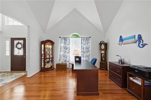 office featuring wood finished floors and high vaulted ceiling