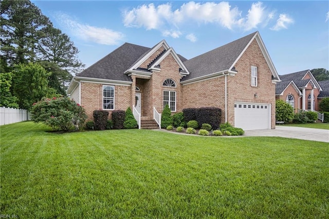view of front of property featuring brick siding, an attached garage, concrete driveway, and roof with shingles