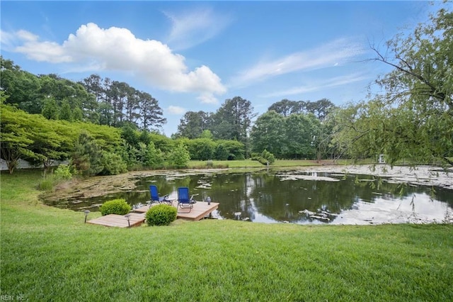 dock featuring a water view and a yard