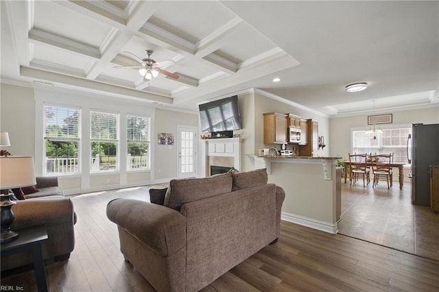 living room with ceiling fan, crown molding, a fireplace, dark wood-type flooring, and beam ceiling