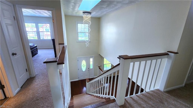 staircase featuring carpet, baseboards, and a skylight