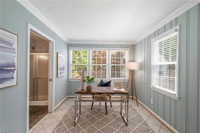 office featuring baseboards and crown molding