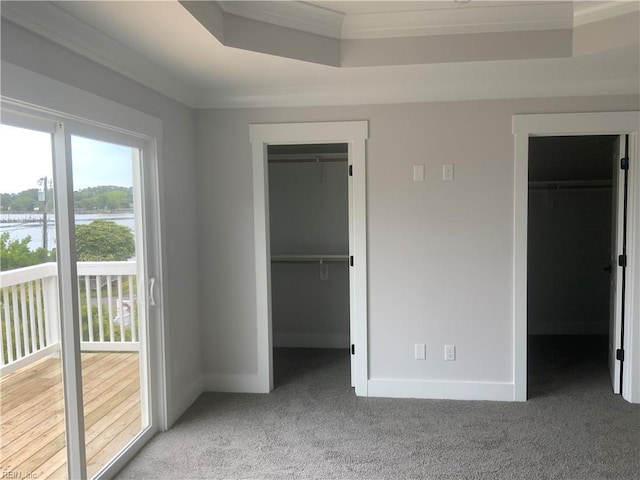 unfurnished bedroom featuring a walk in closet, carpet floors, a closet, ornamental molding, and baseboards