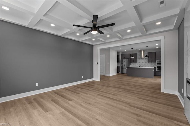 439 Cooper St, Hampton, VA 23669 - unfurnished living room with coffered ceiling, a ceiling fan, baseboards, recessed lighting, and light wood-style flooring