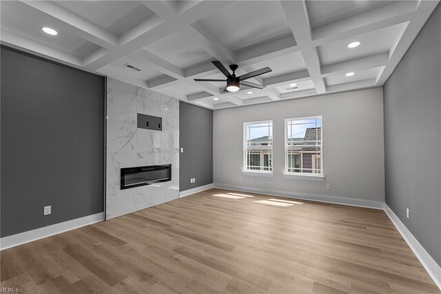 439 Cooper St, Hampton, VA 23669 - unfurnished living room with ceiling fan, baseboards, recessed lighting, beam ceiling, and a premium fireplace