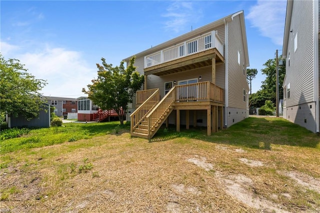 439 Cooper St, Hampton, VA 23669 - back of house with stairway, crawl space, a wooden deck, a lawn, and a balcony