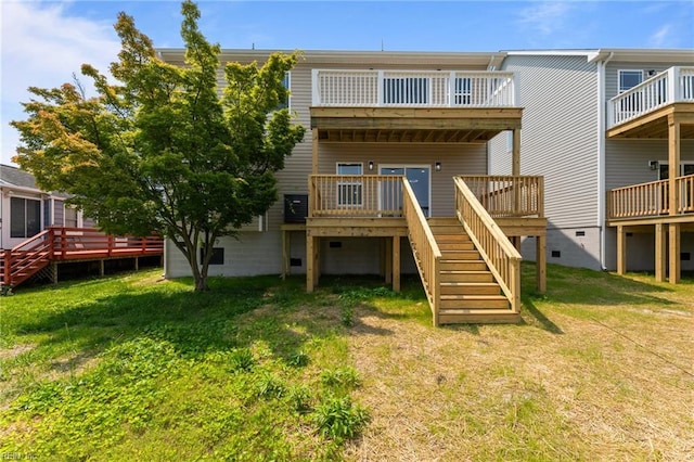 439 Cooper St, Hampton, VA 23669 - rear view of property featuring stairway, a lawn, and a deck