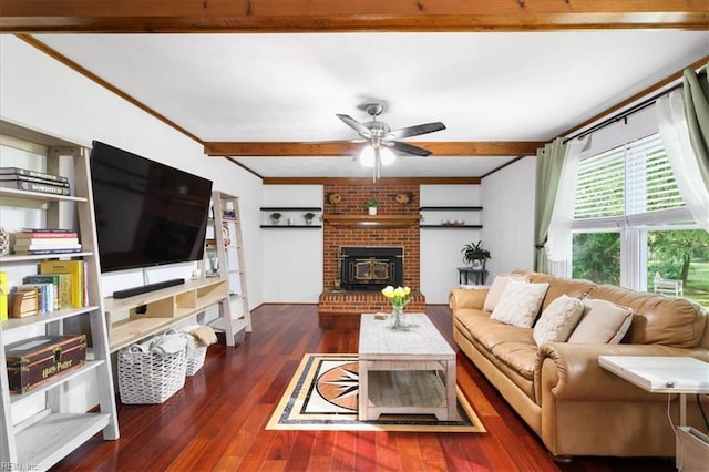 living room with hardwood / wood-style flooring, a ceiling fan, and beam ceiling