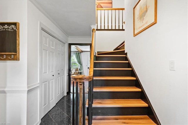 stairway with granite floors and ornamental molding