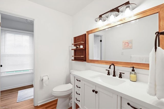 bathroom featuring wood finished floors, toilet, vanity, and plenty of natural light