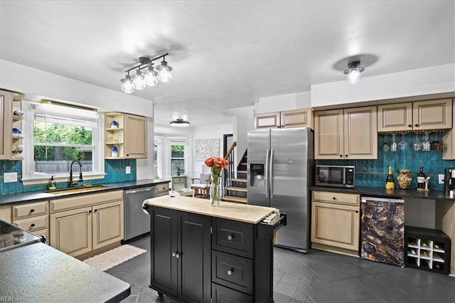 kitchen featuring stainless steel appliances, a sink, wine cooler, decorative backsplash, and open shelves