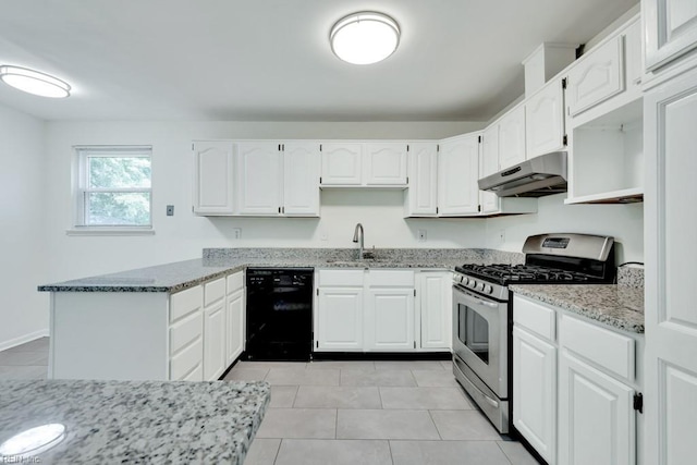 kitchen with dishwasher, gas range, under cabinet range hood, and light stone counters