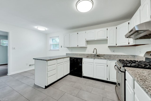 kitchen with black dishwasher, stainless steel range with gas cooktop, ventilation hood, a sink, and a peninsula