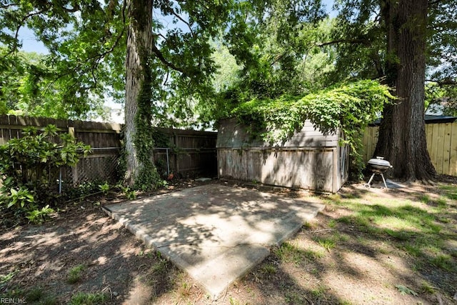 fenced backyard with a patio, an outdoor structure, and a storage shed