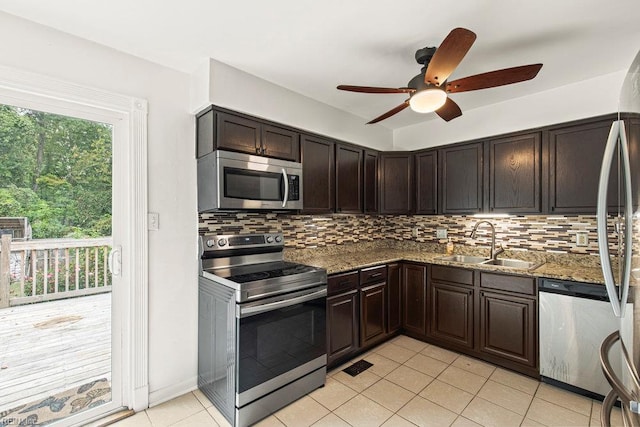 1809 Spar St, Chesapeake, VA 23321 - kitchen featuring appliances with stainless steel finishes, a sink, ceiling fan, and tasteful backsplash