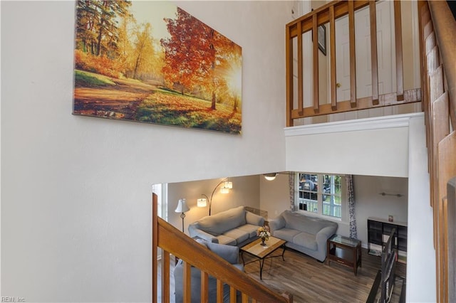 living room featuring a high ceiling and wood finished floors