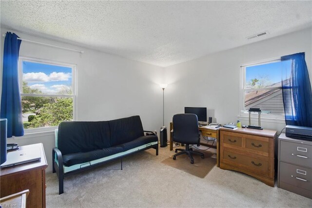 office space featuring a textured ceiling and light carpet