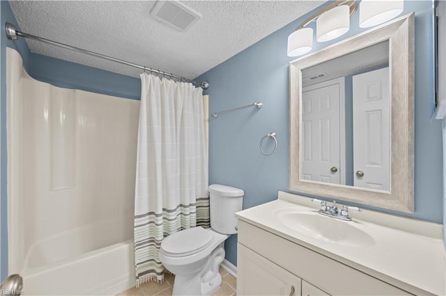 3513 Brigita Ct, Virginia Beach, VA 23453 - bathroom featuring a textured ceiling, toilet, vanity, tile patterned floors, and shower / bath combination with curtain