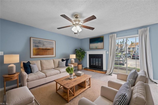 3513 Brigita Ct, Virginia Beach, VA 23453 - living area with ceiling fan, a glass covered fireplace, and a textured ceiling