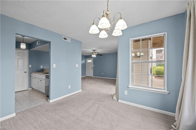 3513 Brigita Ct, Virginia Beach, VA 23453 - empty room with a chandelier, light carpet, ceiling fan, baseboards, and a textured ceiling