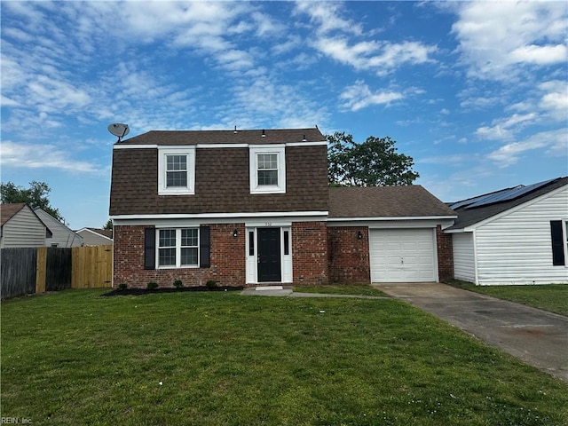 dutch colonial with concrete driveway, roof with shingles, brick siding, and an attached garage