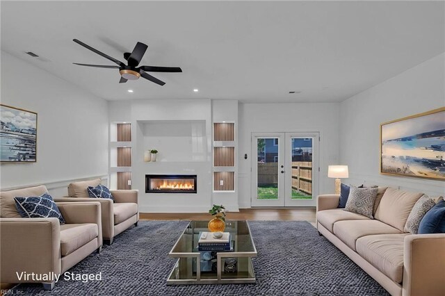 1 Lacrosse St, Hampton, VA 23663 - living area with french doors, ceiling fan, recessed lighting, wood finished floors, and a glass covered fireplace