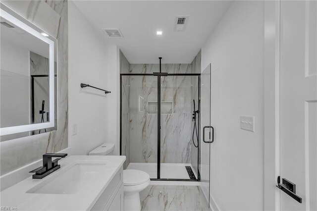 1 Lacrosse St, Hampton, VA 23663 - bathroom with marble finish floors, toilet, a marble finish shower, and vanity