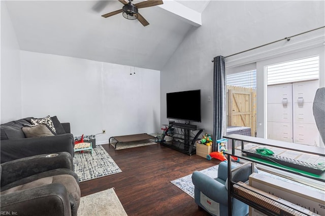 living room with a ceiling fan, wood finished floors, high vaulted ceiling, and beamed ceiling