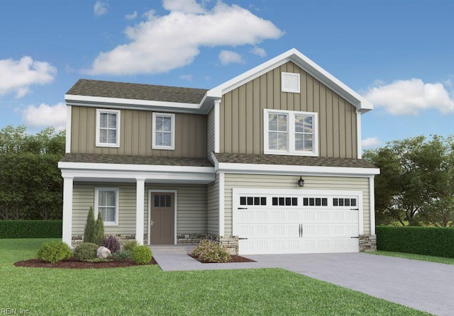 4409 Abercorn Dr, Suffolk, VA 23435 - view of front of home with an attached garage, board and batten siding, a front lawn, driveway, and a porch