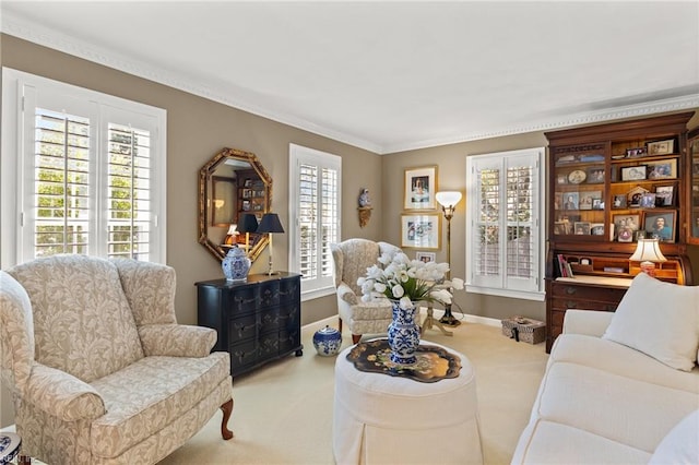 living room featuring carpet, crown molding, and baseboards