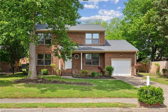 view of front of property featuring a garage, concrete driveway, brick siding, and roof with shingles