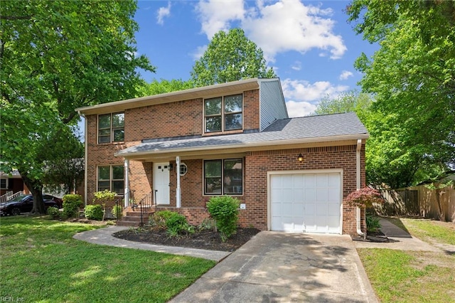 traditional-style house featuring a garage, brick siding, and driveway
